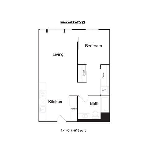 A floor plan for a Slabtown apartment shows a living room, kitchen, bathroom and bedroom.